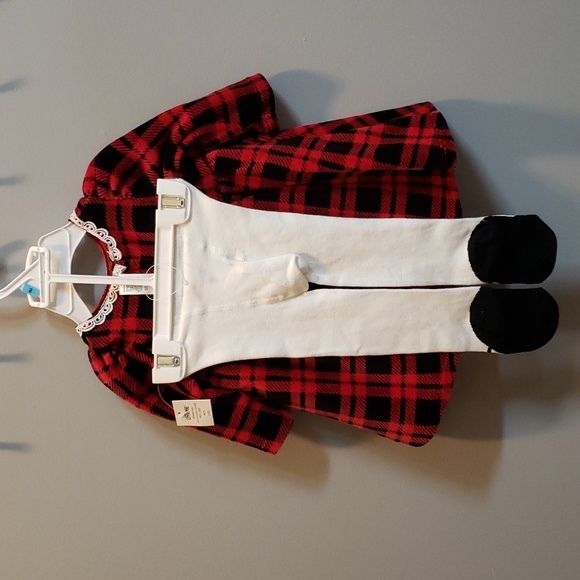Little Me NWT Red and Black Plaid Dress with Lace/Bow Trim and Tights - Picture 2 of 7